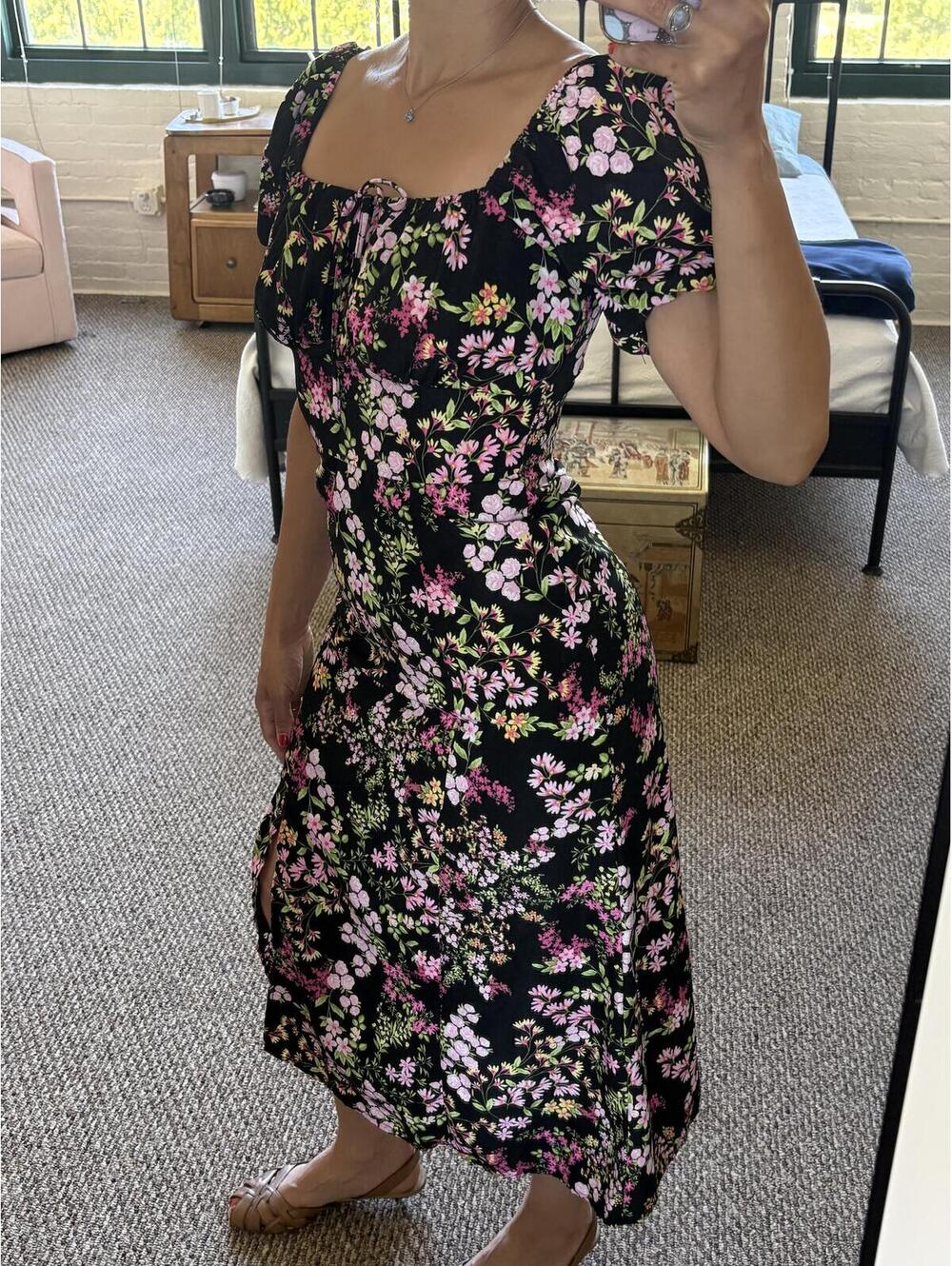 Liberty Love Black Floral Midi Dress Size S Puff Sleeve Cottagecore Milkmaid